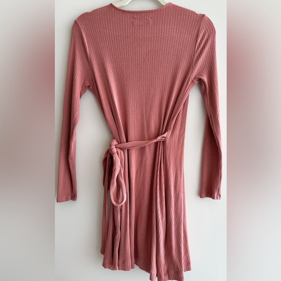 Urban Outfitters Ribbed Wrap Long Sleeve Dress, Dusty Rose, Size Medium - Picture 13 of 16